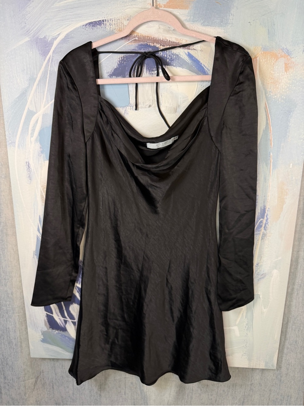 ASTR The Label Black Cowl Neck Tie Back Mini Dress Long Sleeve Open Back Satin